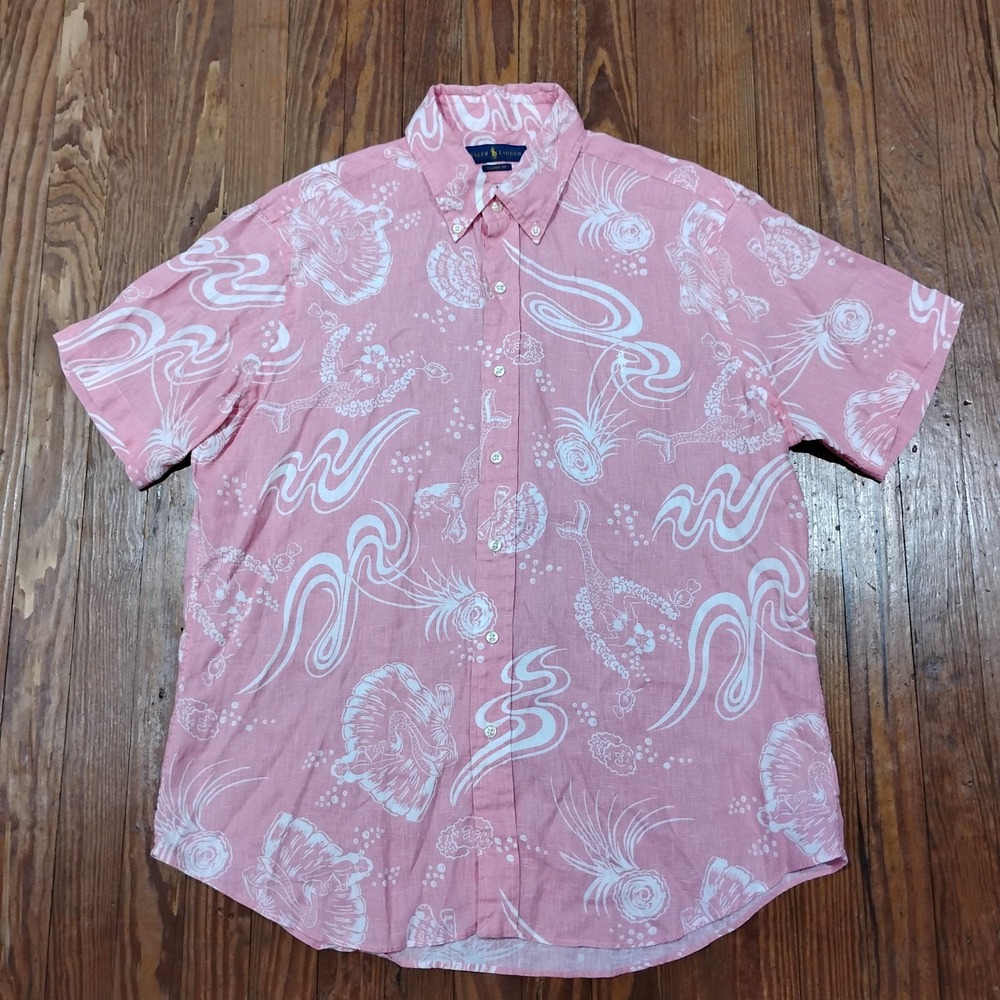 Polo Ralph Lauren Shirt Mens Large Pink Linen Fish Nautical Beach Sailor Classic
